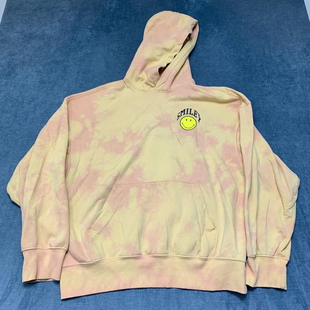 Smiley X H&M Hoodie Mens Medium Khaki Pink Tie Dye Graphic Print Kangaroo Pocket